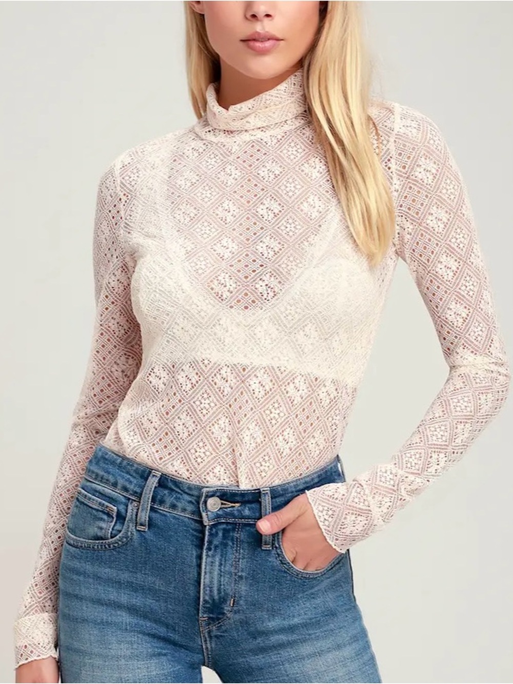 Free People Sweet Memories Ivory Sheer Lace Blouse Lg